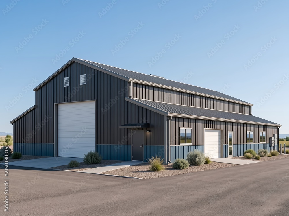 Naklejka premium Dark gray metal barn with white garage doors blue lower walls and side doors on gravel driveway under blue sky