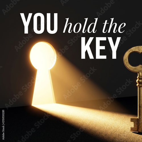 A keyhole illuminated by light from a key symbolizing new opportunities and possibilities