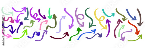 Colorful collection of hand drawn curved arrows featuring diverse vibrant shades and playful artistic styles in this professional vector graphic illustration