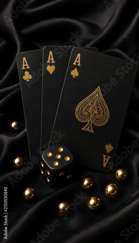 Luxurious casino close up with gold accents playing cards and dice on black satin