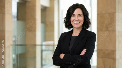 A professional smiling woman standing in a bright office environment celebrating teacher's day with a positive attitude and confident posture for education concepts