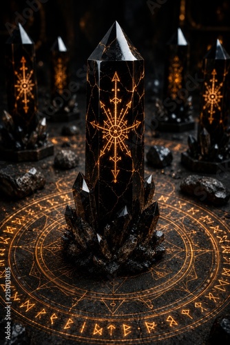 Enigmatic obelisk enveloped by magical crystals within a timeless ancient chamber