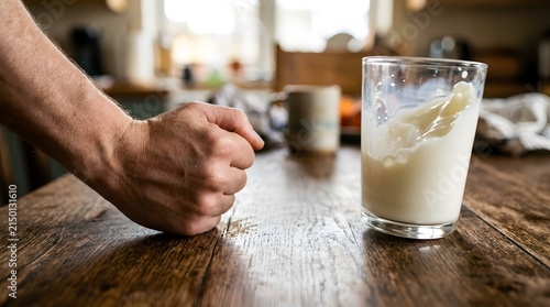 A hard blow of a fist against the tabletop nearly caused the fresh milk to spill.