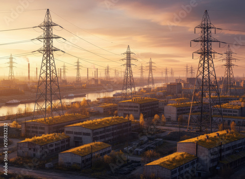 The industrial cityscape is dotted with numerous power pylons, and although it’s autumn, only the roofs are yellow
