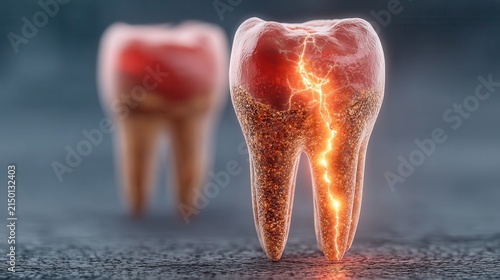 Cracked tooth syndrome illustration shows damaged teeth with visible cracks and glowing effects, emphasizing dental health concerns