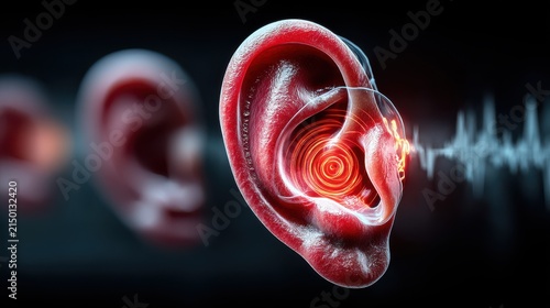 Medical illustration of hearing loss, glowing ear anatomy, sound waves, and auditory signals create striking visual representation