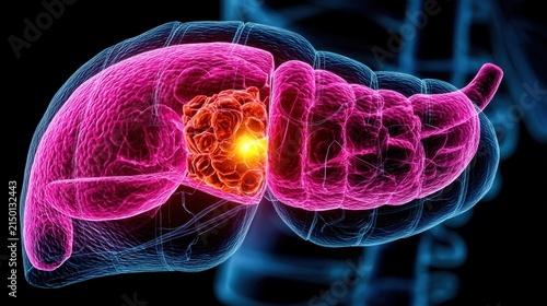 Medical illustration of pancreatic cancer tumor highlighting affected area with vibrant colors, showcasing seriousness of condition