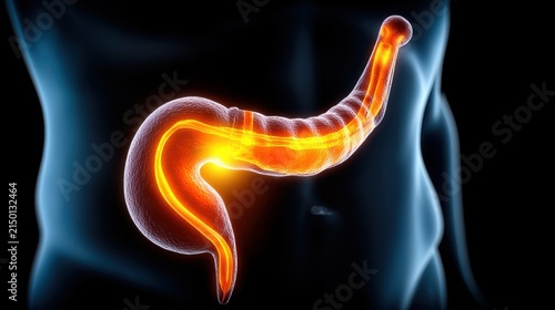 3D render of glowing stomach anatomy, showcasing gastric structure and detail, emphasizing health and medical education