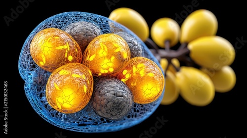 Digital render of gallstones and gallbladder anatomy with glowing elements, showcasing intricate details and vibrant colors