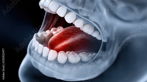 3D render of human mouth showing teeth, gums, and red tongue, highlighting oral anatomy and health