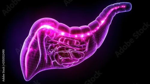 3D render of glowing stomach illustration, showcasing internal structures and highlighting gastric features with vibrant colors