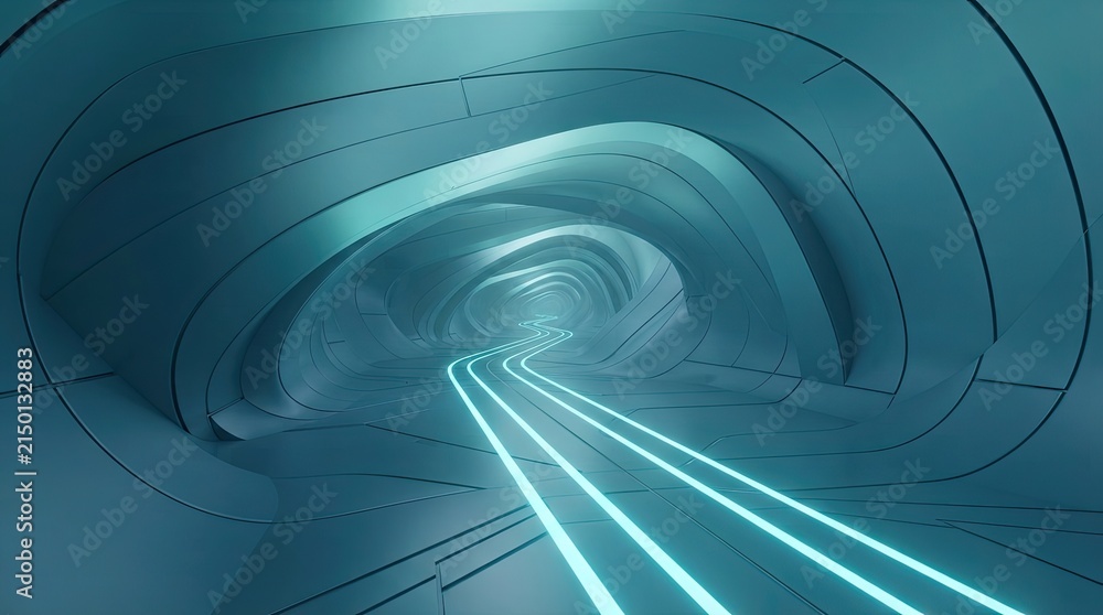 Fototapeta premium Futuristic tunnel with bright blue light streaks leading towards a distant opening