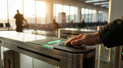 Fingerprint-based access control system for office building entrances or airport. Automatic scanning and identification in modern office building