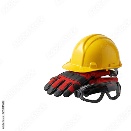 Yellow hard hat, red gloves, and safety goggles isolated on transparent background.