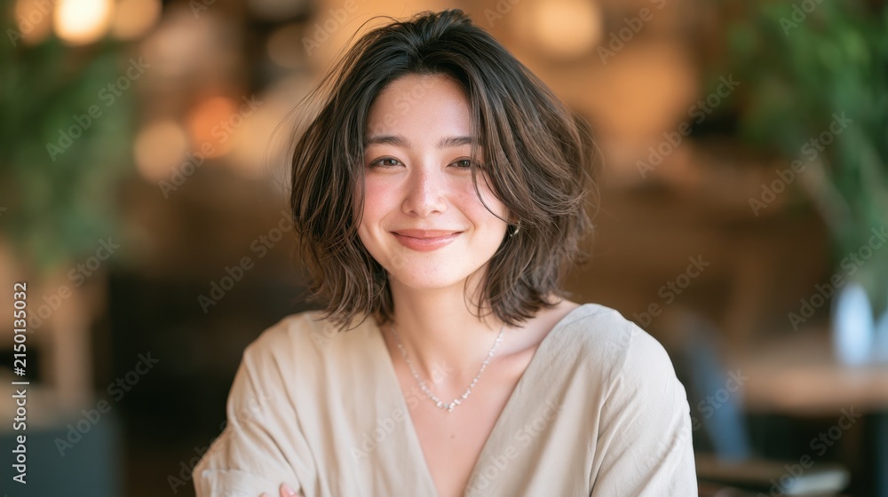Obraz premium Smiling young woman with textured bob hairstyle looking at camera in a cozy cafe
