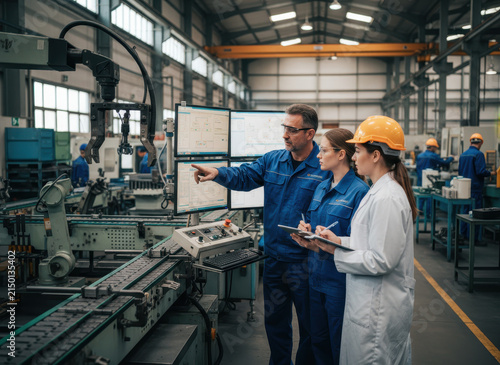 During a factory apprenticeship, a male mentor instructs female trainees as they operate machinery, monitor production processes, and check equipment, while a foreman explains machine control to a