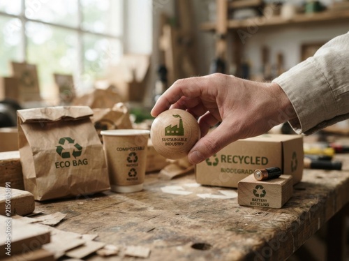 A hand grips a wooden sphere adorned with a green factory emblem, surrounded by recycling icons such as a bag, cup, box, and battery, symbolizing eco-friendly industry, sustainable packaging, and