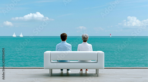 Serenity by the Sea: A couple sits on a pristine white sofa, gazing out at the endless expanse of a tranquil turquoise ocean, with sailboats drifting lazily on the horizon.