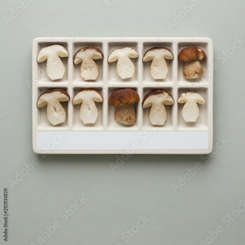 Sliced boletus mushroom caps arranged in a laboratory sample tray on a pale green background for food safety and mycological research