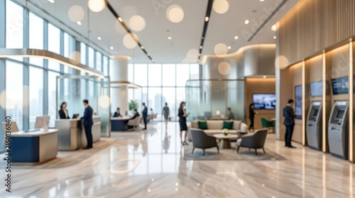 blurred interior of a modern luxury bank lobby featuring service desks, lounge area, atms, and business professionals in a bright open hall.