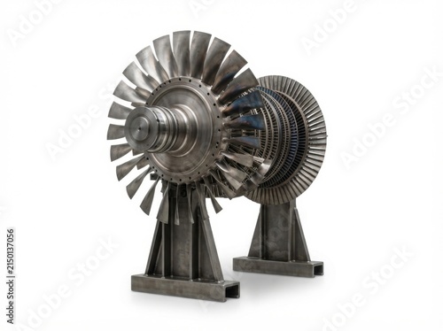 A gas turbine engine featuring a rotor with turbine blades, presented as an industrial turbine motor isolated on a white background with a clipping path