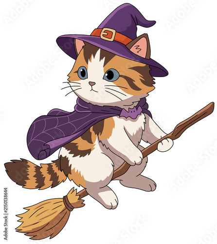 Cute cartoon cat dressed as a witch flying on a magic broomstick, Halloween kitten vector illustration isolated on white background