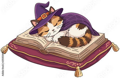 Cute cartoon cat dressed as a witch sleeping on an open magic spell book, Halloween kitten vector illustration isolated on white background