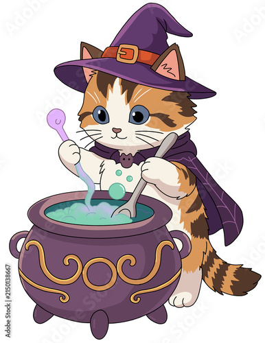 Adorable witch kitten brewing bubbling green potion with spoon in purple cauldron, Halloween character graphic design