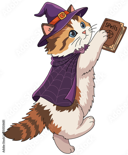 Cute cartoon cat dressed as a witch holding a magic spell book, Halloween kitten vector illustration isolated on white background