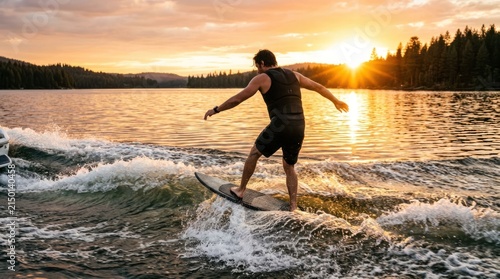 Man Surfing on Lake at Sunset with Golden Light.