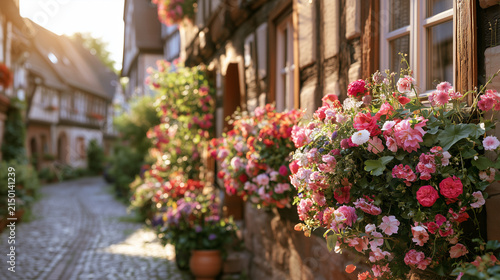 Colorful flower boxes overflowing on a traditional half-timbered house centered in a picturesque German village, cobblestone street softly blurred behind, warm summer sunlight