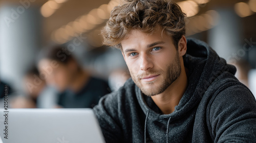 Young male university student working on laptop computer  looking at camera in modern college library  focusing on education  technology  and learning concepts
