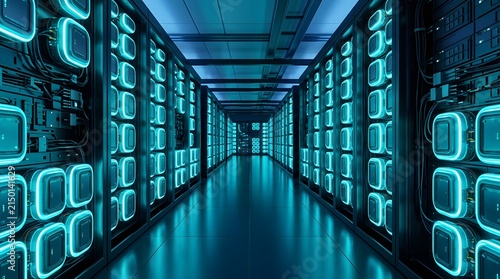 Modern data center server room with rows of glowing blue computer hardware racks for cloud computing infrastructure