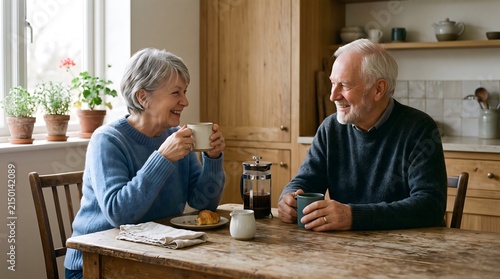 Happy elderly couple enjoying coffee and breakfast together at home