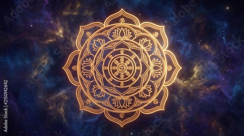 Golden Dharma Wheel Mandala: Intricate golden dharma wheel mandala, symbolizing Buddhist principles of enlightenment, set against a cosmic backdrop of nebulae and stardust, radiating spiritual energy.