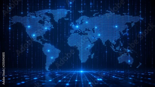 Obraz na płótnie Glowing digital world map with binary code matrix representing global network communication, cyber security and futuristic data transfer