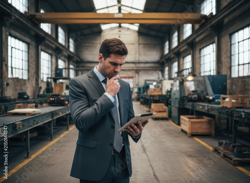 Considerate businessman holding a tablet PC in the industry