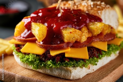 Loaded sandwich with layers of lettuce, sliced meat, yellow cheese, and red sauce on a wooden board