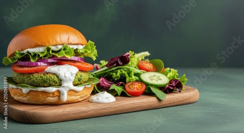Vibrant vegan burger featuring a green spinach patty, crisp garden salad, and creamy yogurt sauce on a wood board with a green backdrop, cooking, diet, healthy