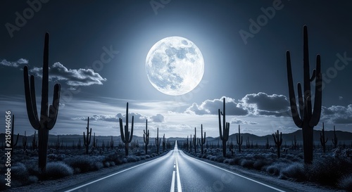 A bright full moon rises over a long desert road lined with tall cacti, casting a silver glow across the arid terrain and scattered clouds, vista, flora, highway