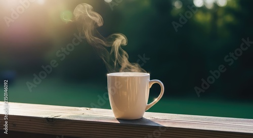 A ceramic mug rests on a weathered wooden porch railing as steam rises into the soft morning light at dawn, surrounded by peaceful nature, sunrise, ceramic, light