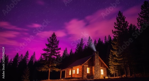 A cozy log cabin nestled deep within a dense pine forest under a vibrant, glowing purple evening sky filled with soft starlight and clouds, background, outdoors, environment