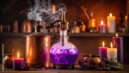Mystic candles and purple potion ingredients.
