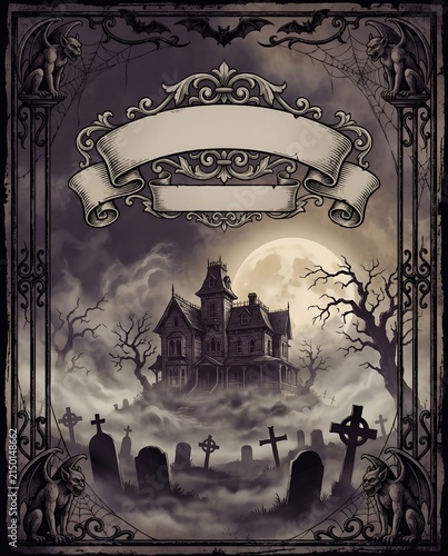 Gothic Sepia Halloween Poster Template with Haunted House, Cemetary and Gargoyle Frame