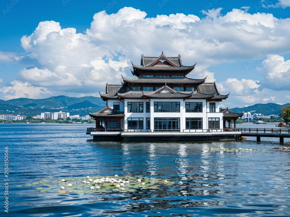Obraz premium Traditional Chinese style pavilion on the lake with water lilies