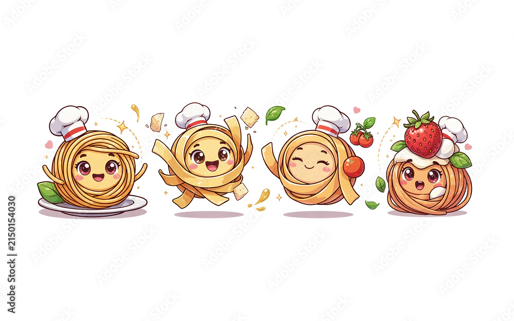 Naklejka premium Cute Kawaii Pasta Characters Wearing Chef Hats Set with Fresh Ingredients and Playful Expressions