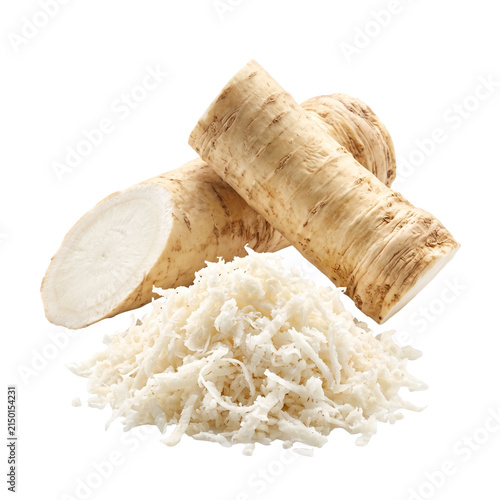 Fresh Horseradish Root and Grated Spice Isolated on Black Background