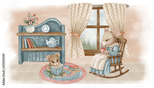 Cuadro en lienzo Cute watercolor mice in cozy room