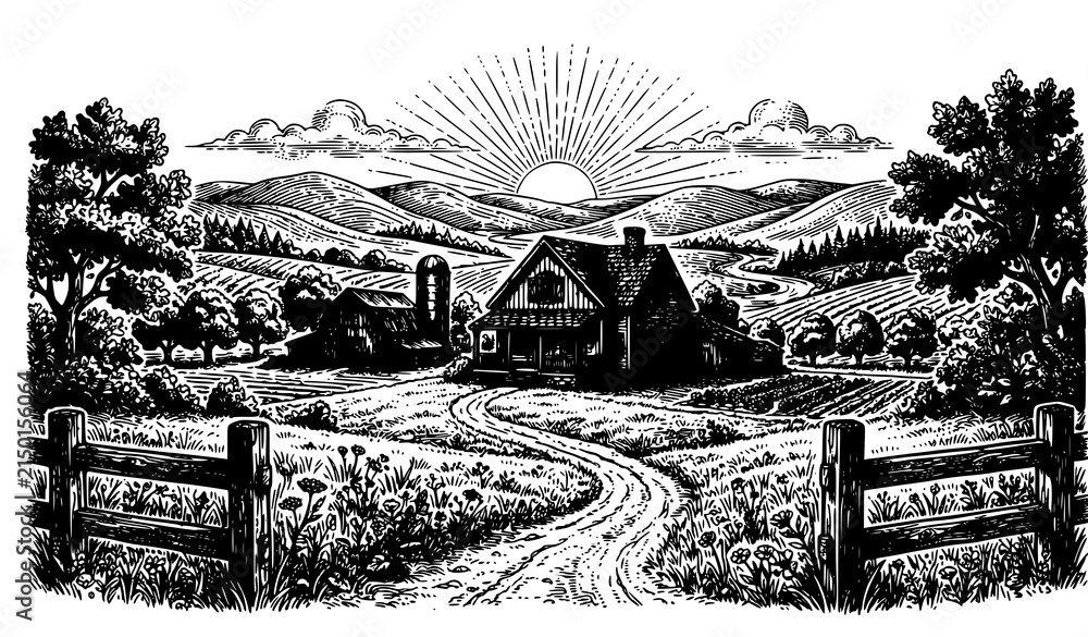 Fototapeta premium Rustic farmhouse and rolling hills countryside scene vintage engraved vector design