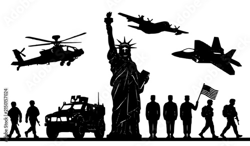 Bild auf Leinwand American Military Aviation and War Equipment Silhouette Collection with Statue o